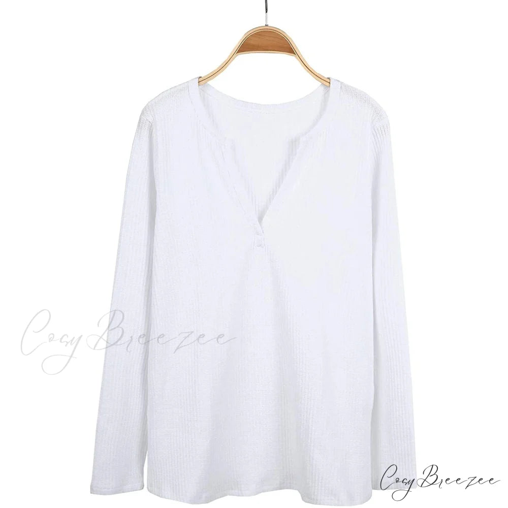 Waffle Neck Tops Knit Henley V for Women