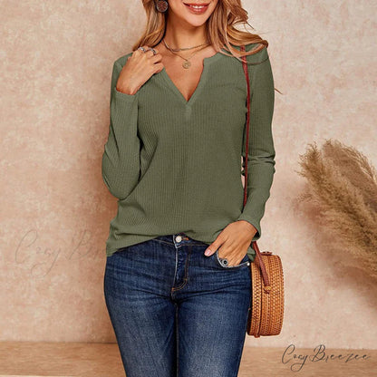 Waffle Neck Tops Knit Henley V for Women