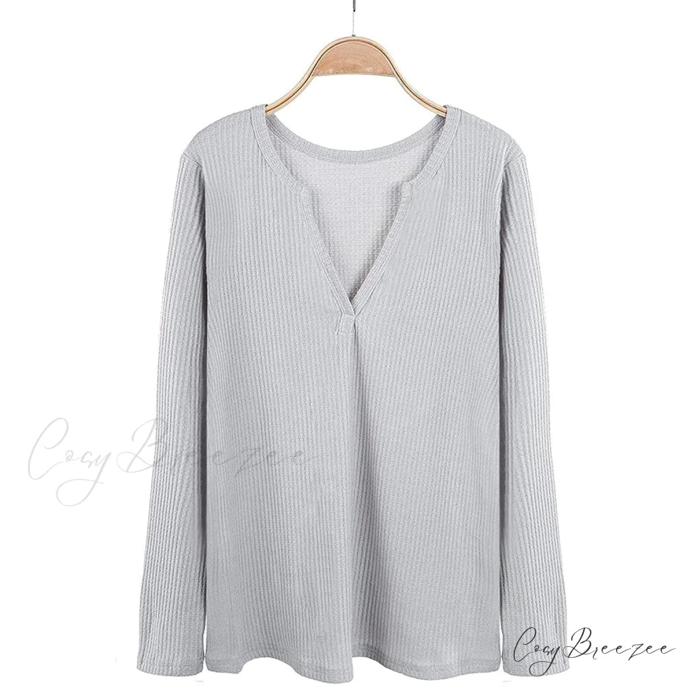 Waffle Neck Tops Knit Henley V for Women