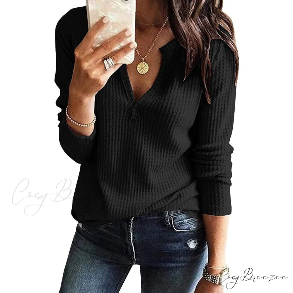 Waffle Neck Tops Knit Henley V for Women Black / S
