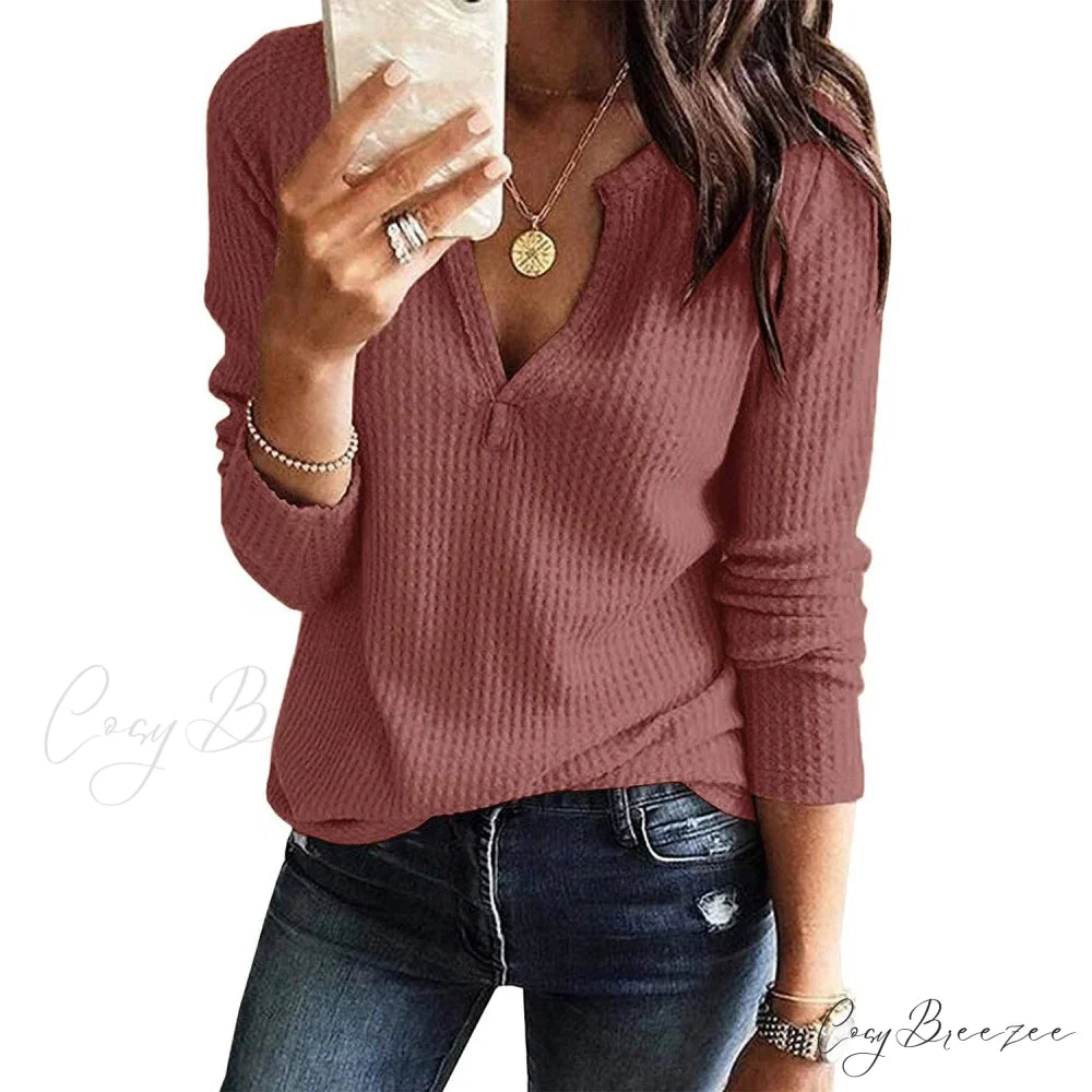 Waffle Neck Tops Knit Henley V for Women Brick / S
