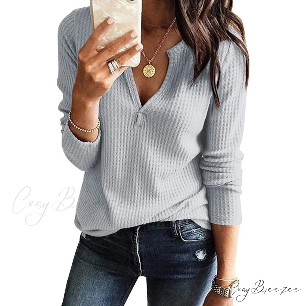 Waffle Neck Tops Knit Henley V for Women Gray / S