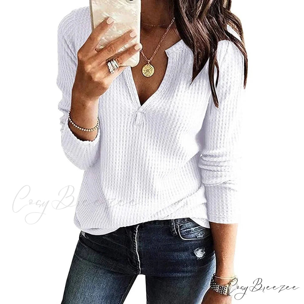 Waffle Neck Tops Knit Henley V for Women White / S
