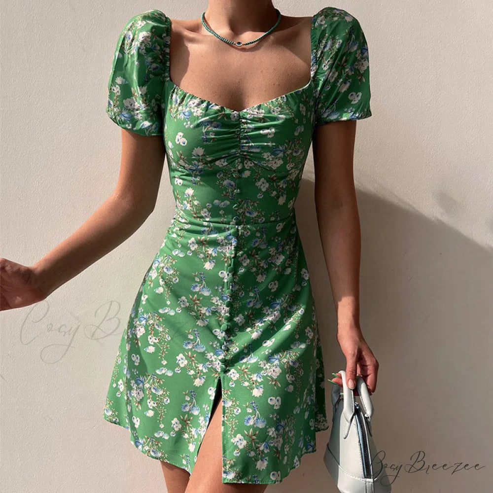 Waist Arm A-Line Puff Women’s V-Neck High Flowered Dress M / BLUE