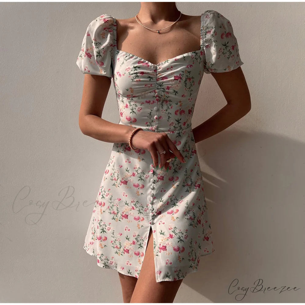 Waist Arm A-Line Puff Women’s V-Neck High Flowered Dress M / GREEN