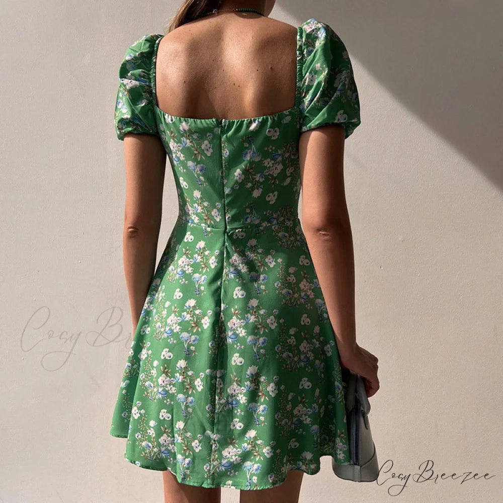 Waist Arm A-Line Puff Women’s V-Neck High Flowered Dress M / ORANGE