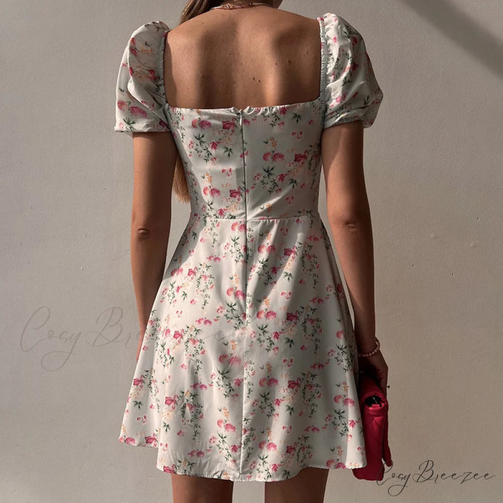 Waist Arm A-Line Puff Women’s V-Neck High Flowered Dress M / WHITE