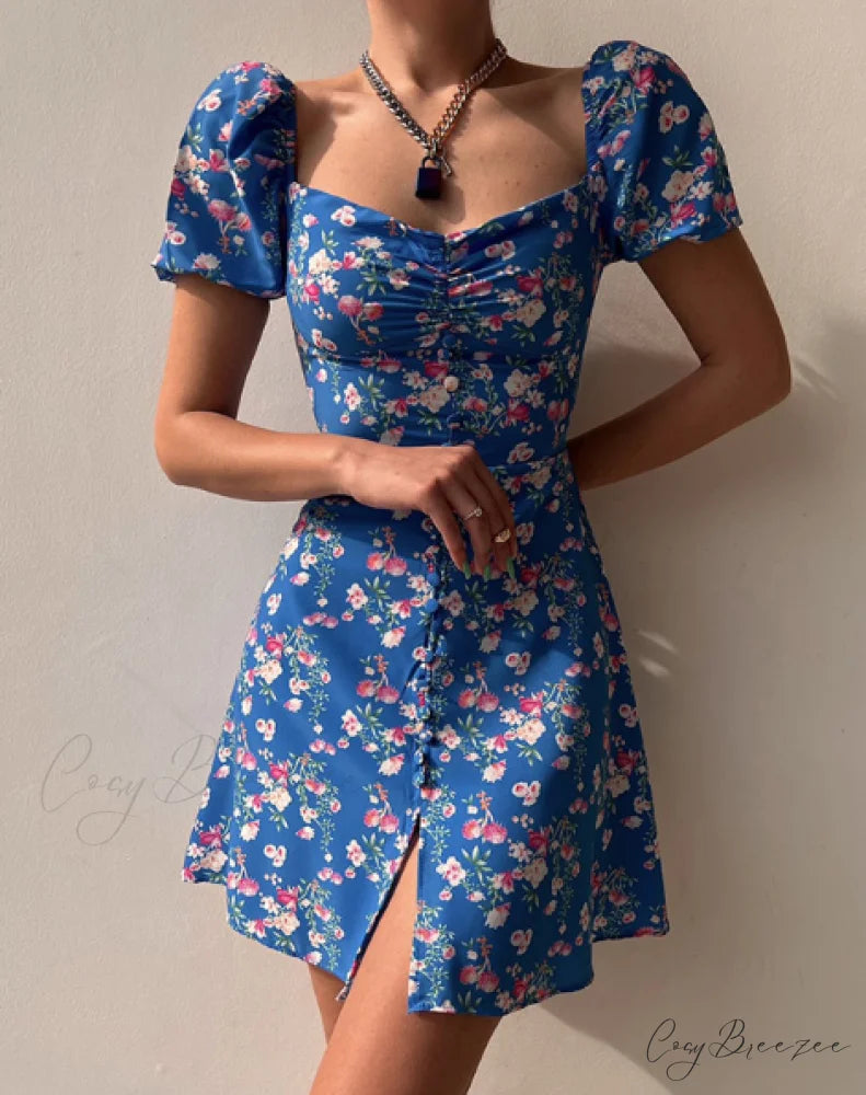 Waist Arm A-Line Puff Women’s V-Neck High Flowered Dress S / BLUE