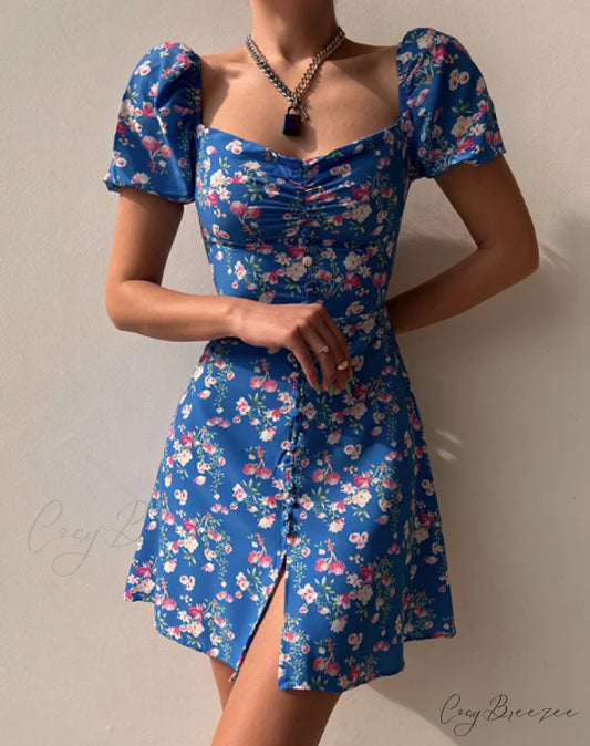 Waist Arm A-Line Puff Women’s V-Neck High Flowered Dress S / BLUE
