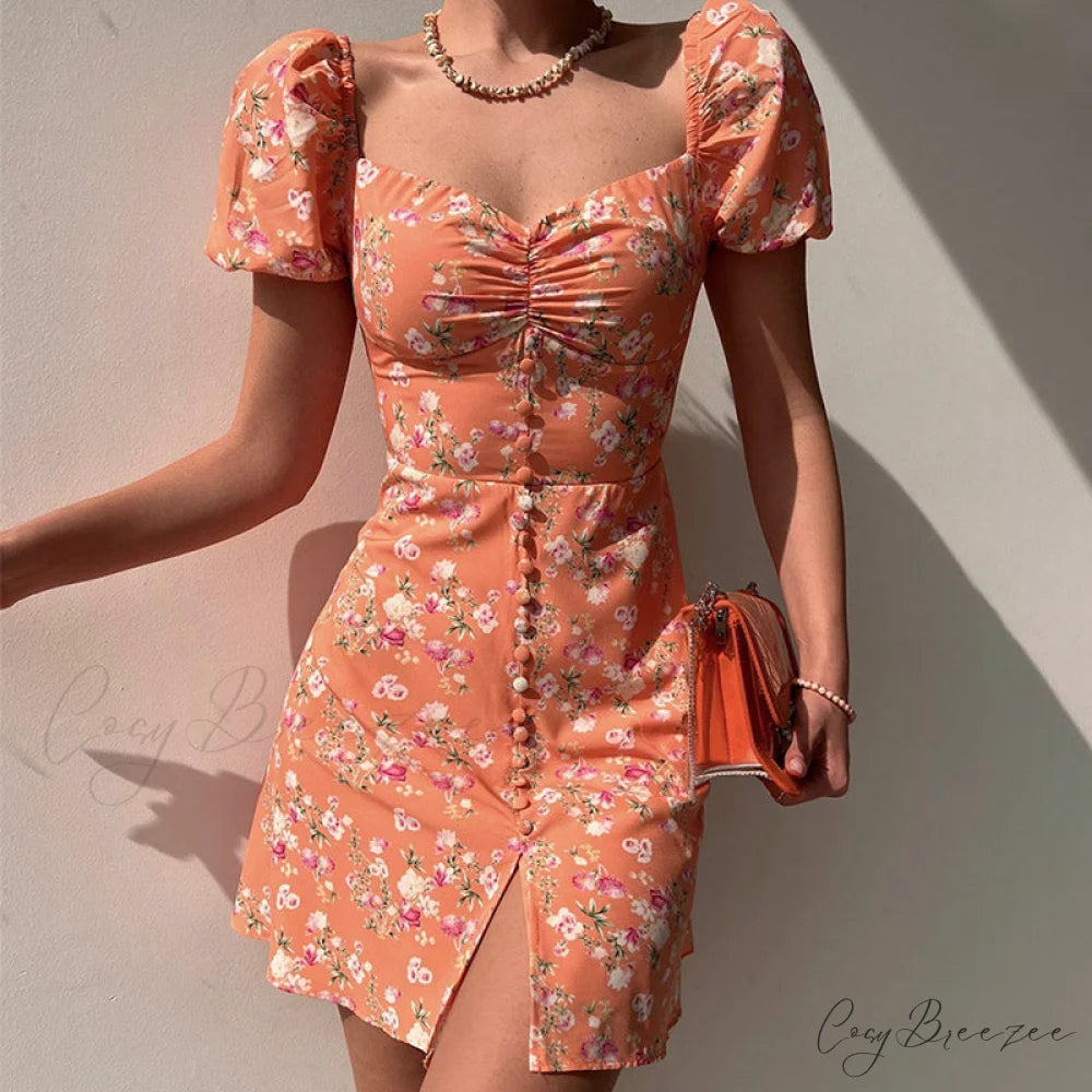 Waist Arm A-Line Puff Women’s V-Neck High Flowered Dress S / GREEN
