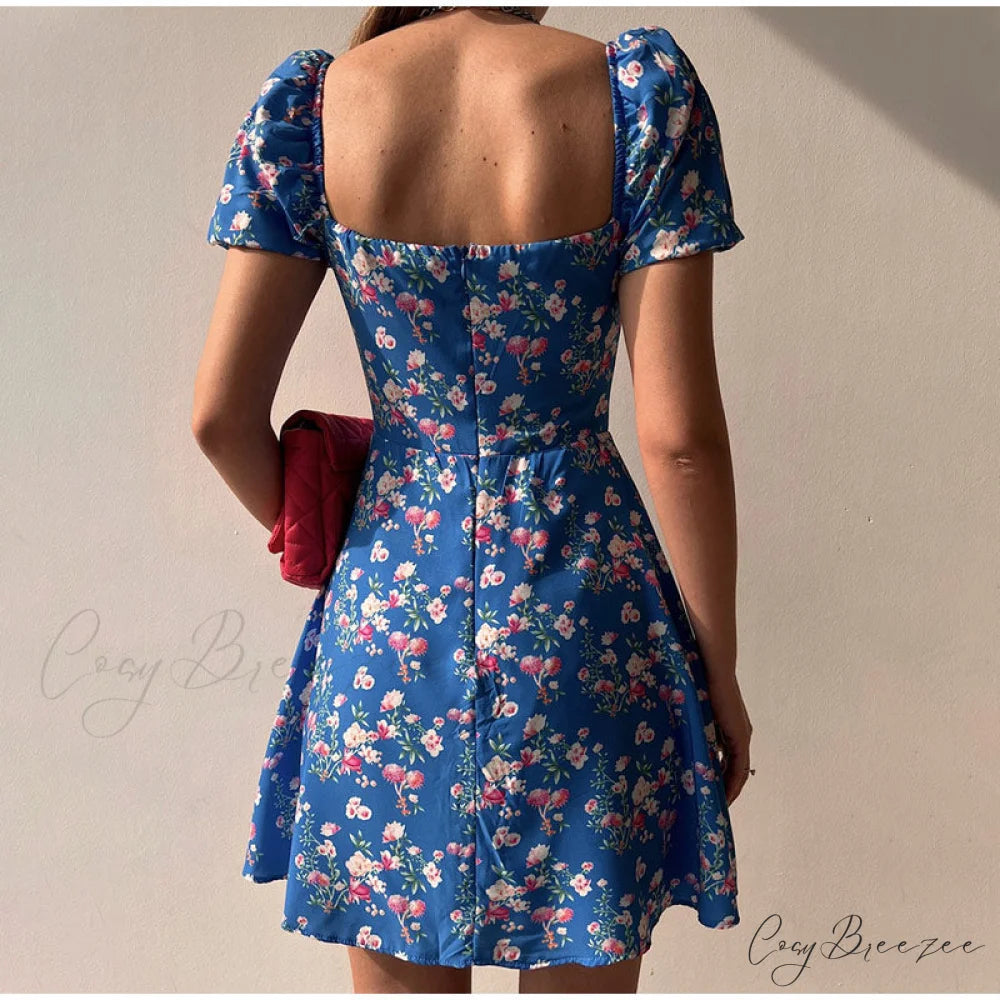 Waist Arm A-Line Puff Women’s V-Neck High Flowered Dress S / ORANGE