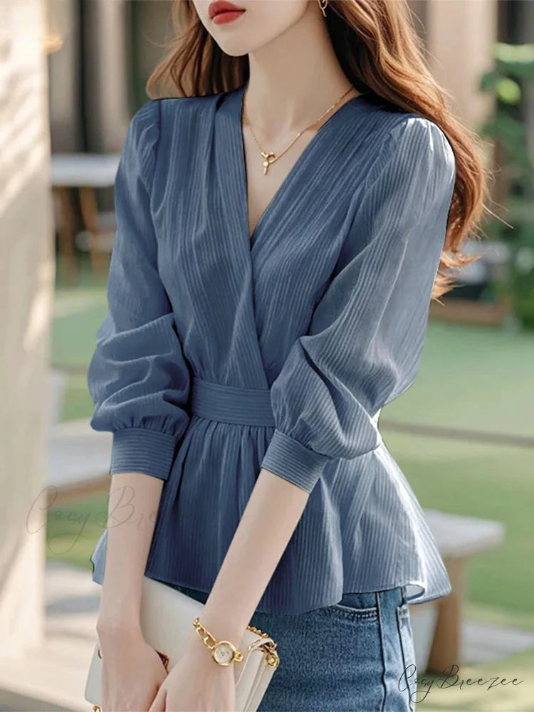 Waist-cinched Striped Puffy Sleeve Tunic Blouse blouse-250126