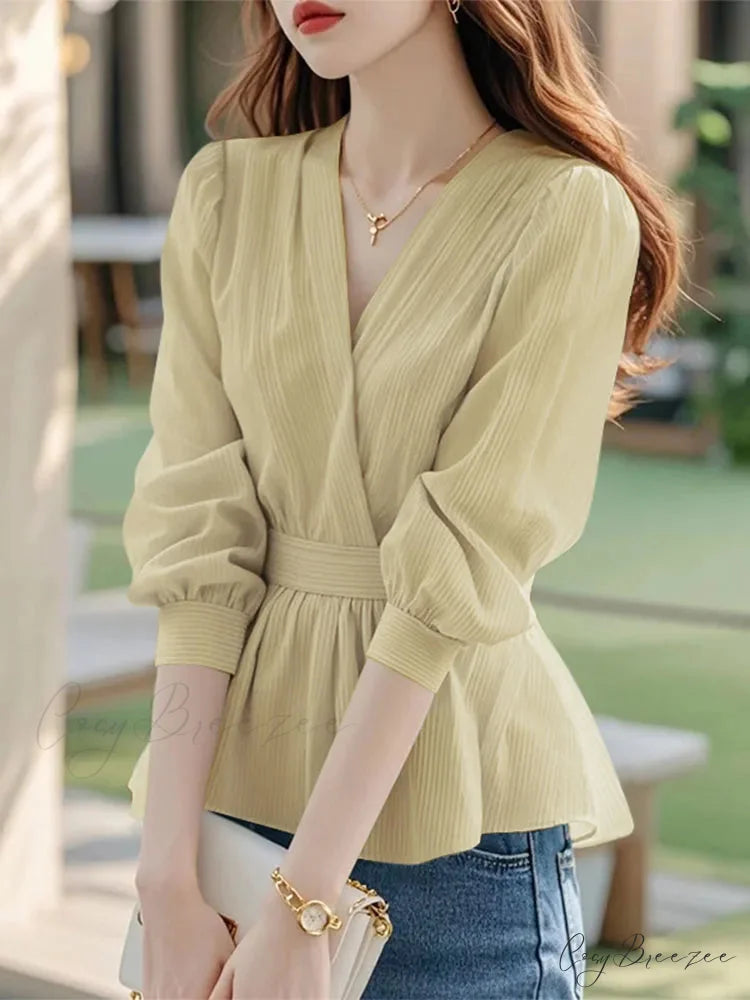 Waist-cinched Striped Puffy Sleeve Tunic Blouse Khaki / S blouse-250126