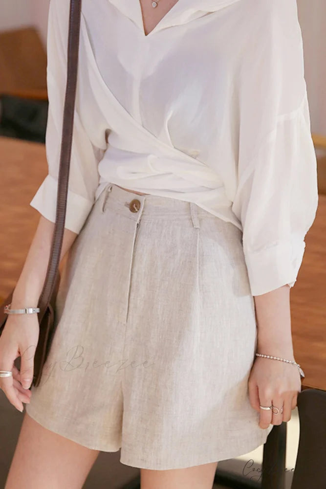 Waist High Linen Shorts Beige / L