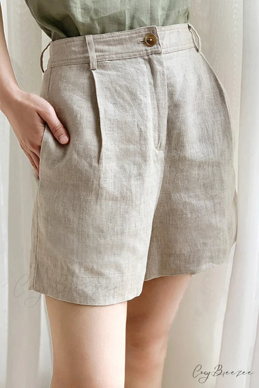 Waist High Linen Shorts Beige / S
