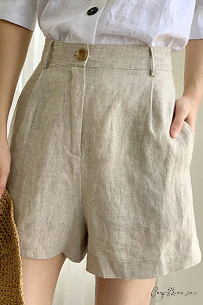 Waist High Linen Shorts Beige / XL
