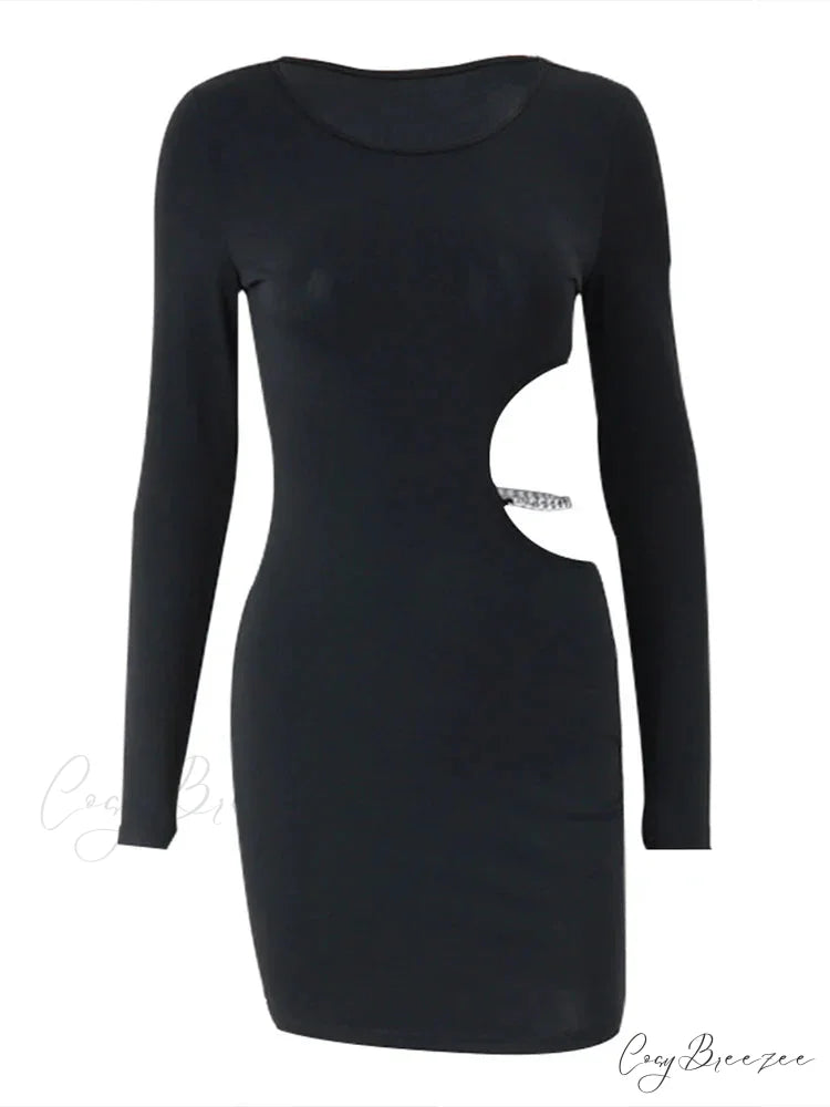 Waist Hollowed Black Long Sleeves Mini Dress