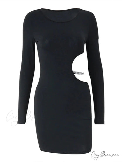 Waist Hollowed Black Long Sleeves Mini Dress