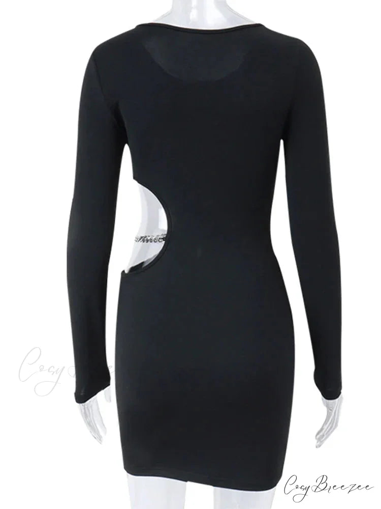 Waist Hollowed Black Long Sleeves Mini Dress