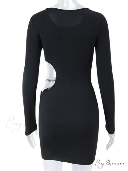 Waist Hollowed Black Long Sleeves Mini Dress