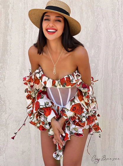 Waist Lace Perspective Arm Long Dress L / White