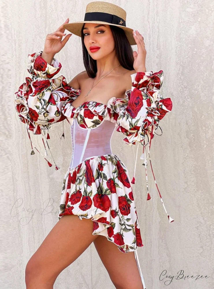 Waist Lace Perspective Arm Long Dress M / Red