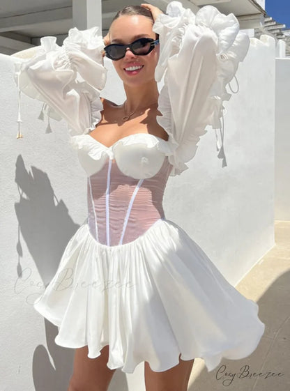 Waist Lace Perspective Arm Long Dress S / White