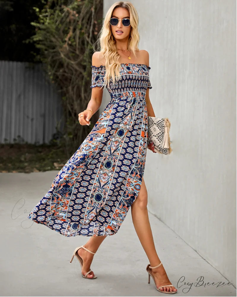 Waist Neck Puff Full-Length with Flowered Shoulder Arm Vintage Slash and Off Gown Bohemian Split