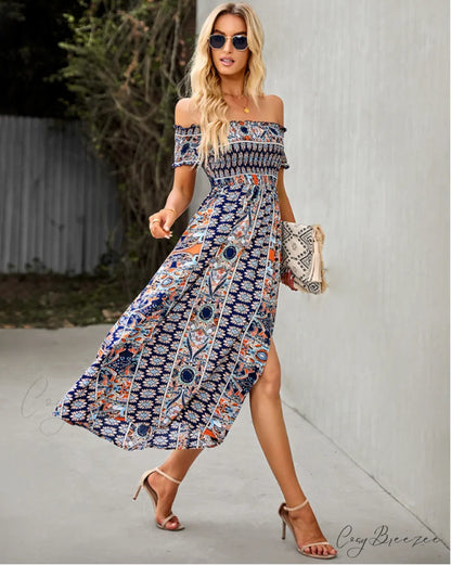 Waist Neck Puff Full-Length with Flowered Shoulder Arm Vintage Slash and Off Gown Bohemian Split