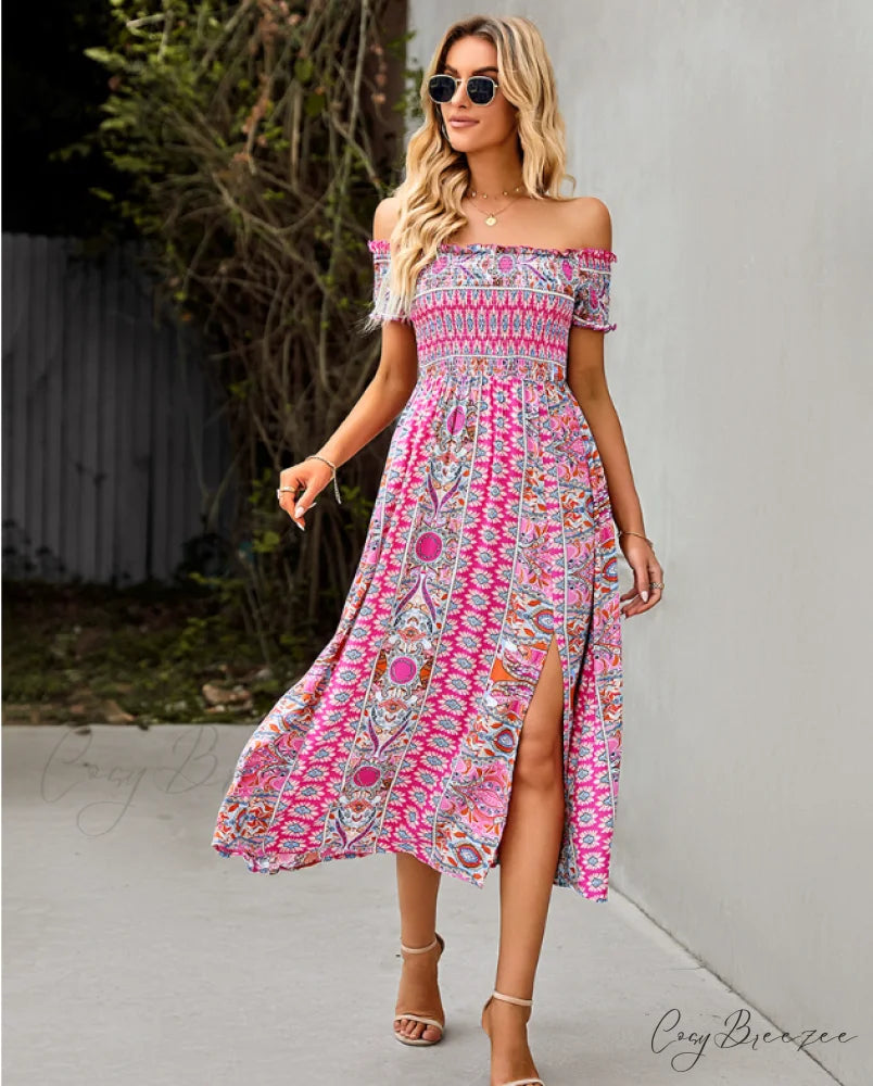 Waist Neck Puff Full-Length with Flowered Shoulder Arm Vintage Slash and Off Gown Bohemian Split L / BLUE