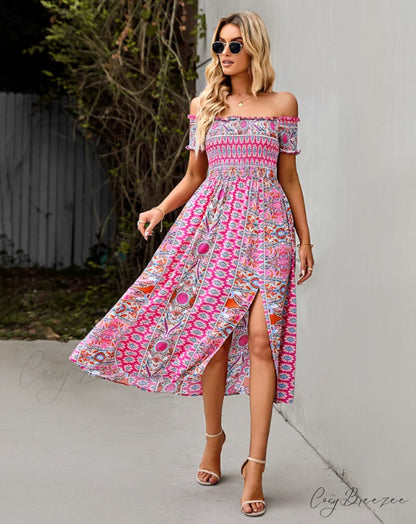 Waist Neck Puff Full-Length with Flowered Shoulder Arm Vintage Slash and Off Gown Bohemian Split L / GREEN
