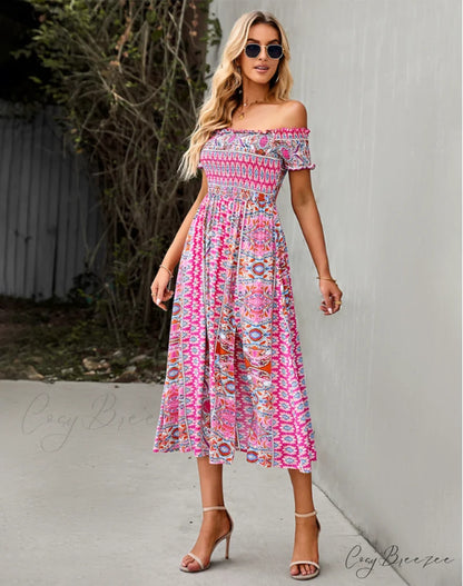 Waist Neck Puff Full-Length with Flowered Shoulder Arm Vintage Slash and Off Gown Bohemian Split L / KHAKI