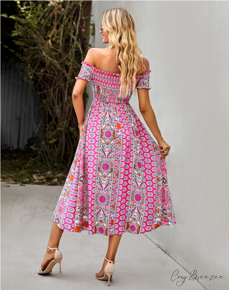 Waist Neck Puff Full-Length with Flowered Shoulder Arm Vintage Slash and Off Gown Bohemian Split L / PINK