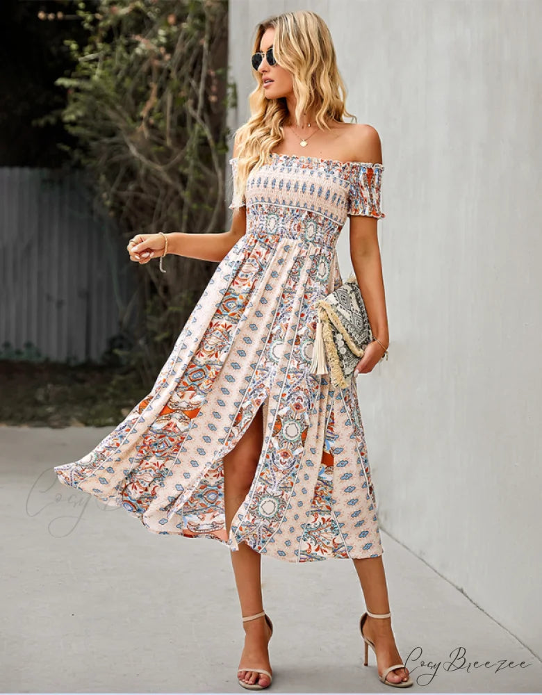 Waist Neck Puff Full-Length with Flowered Shoulder Arm Vintage Slash and Off Gown Bohemian Split M / GREEN