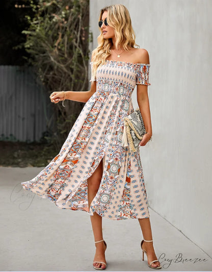 Waist Neck Puff Full-Length with Flowered Shoulder Arm Vintage Slash and Off Gown Bohemian Split M / GREEN