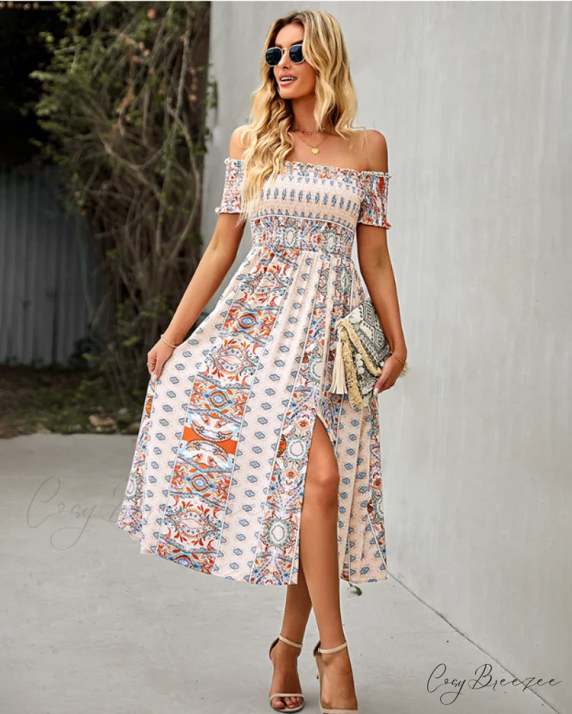 Waist Neck Puff Full-Length with Flowered Shoulder Arm Vintage Slash and Off Gown Bohemian Split M / KHAKI