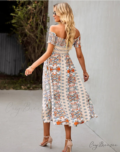 Waist Neck Puff Full-Length with Flowered Shoulder Arm Vintage Slash and Off Gown Bohemian Split M / PINK