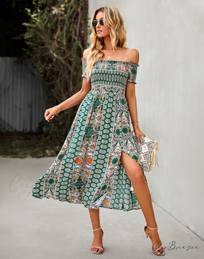 Waist Neck Puff Full-Length with Flowered Shoulder Arm Vintage Slash and Off Gown Bohemian Split S / BLUE