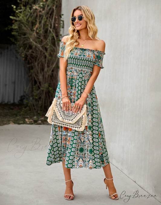 Waist Neck Puff Full-Length with Flowered Shoulder Arm Vintage Slash and Off Gown Bohemian Split S / GREEN