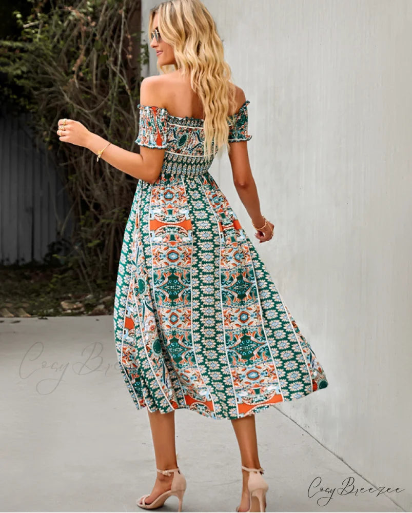 Waist Neck Puff Full-Length with Flowered Shoulder Arm Vintage Slash and Off Gown Bohemian Split S / PINK