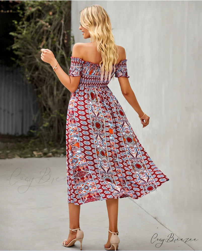Waist Neck Puff Full-Length with Flowered Shoulder Arm Vintage Slash and Off Gown Bohemian Split XL / BLUE