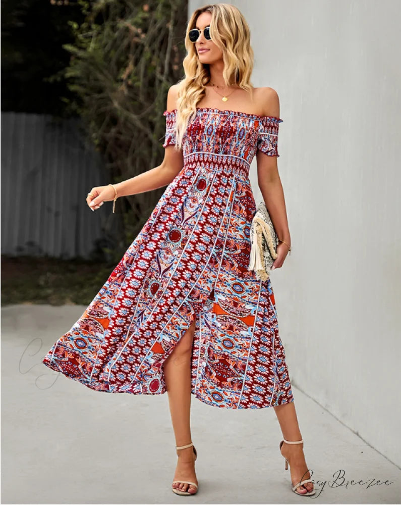 Waist Neck Puff Full-Length with Flowered Shoulder Arm Vintage Slash and Off Gown Bohemian Split XL / KHAKI