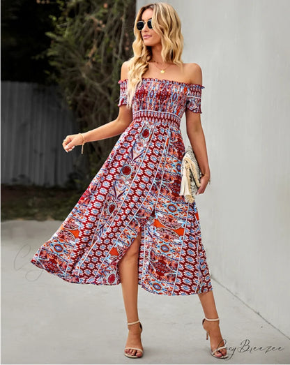 Waist Neck Puff Full-Length with Flowered Shoulder Arm Vintage Slash and Off Gown Bohemian Split XL / KHAKI