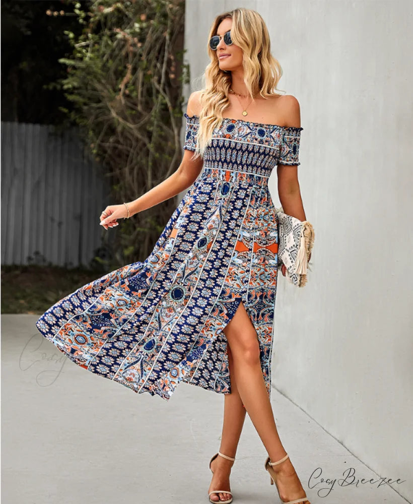 Waist Neck Puff Full-Length with Flowered Shoulder Arm Vintage Slash and Off Gown Bohemian Split XL / PINK
