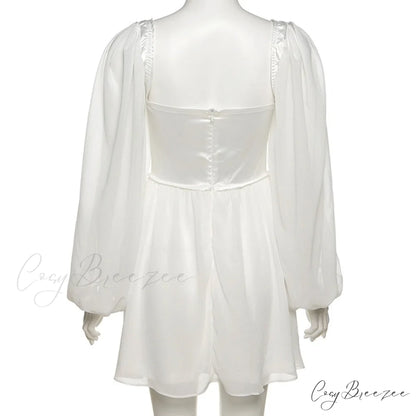 Waist Party Women Slim Autumn White Office Solid Elegant Gown Mini Spring - Lady for A-Line High Dress