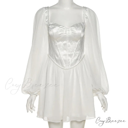 Waist Party Women Slim Autumn White Office Solid Elegant Gown Mini Spring - Lady for A-Line High Dress