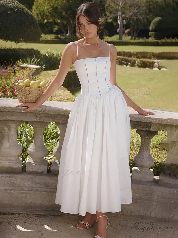 Waist Tie Chic A-line Holiday Dress WHITE / S vacationdress-250223