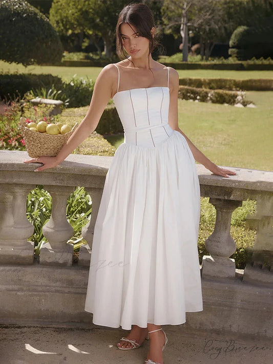 Waist Tie Chic A-line Holiday Dress WHITE / S vacationdress-250223