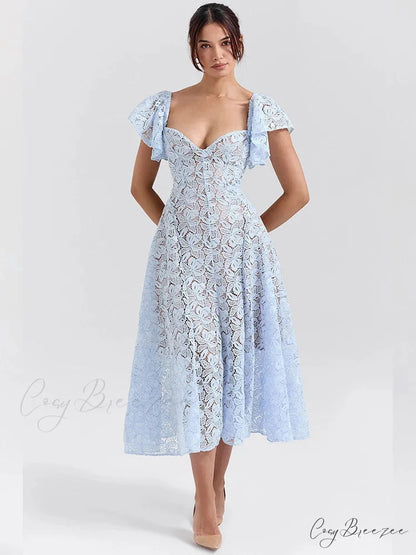 Waist Tie Lace Holiday Dress Blue / S vacationdress-250223