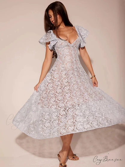 Waist Tie Lace Holiday Dress vacationdress-250223